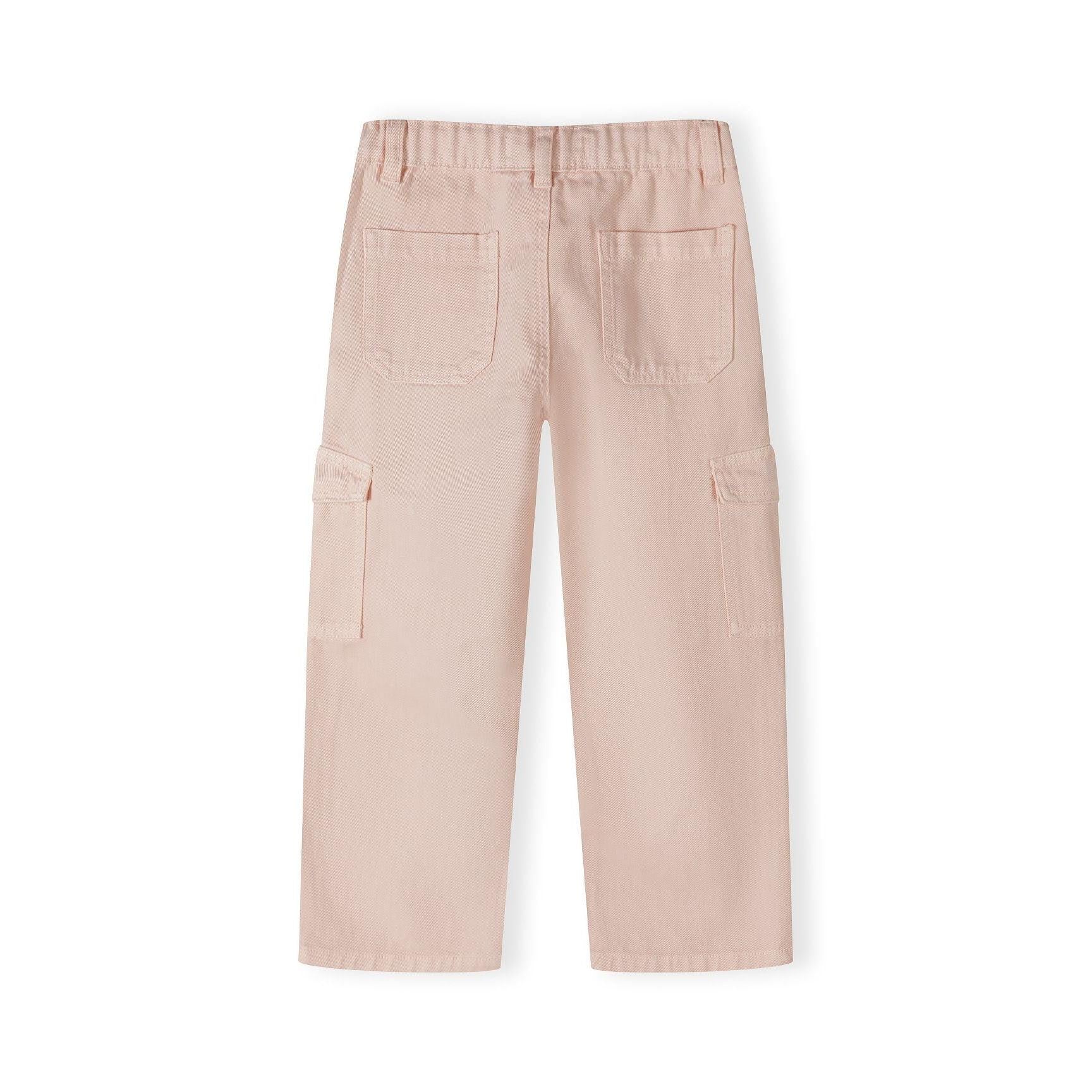 Back view of pink wide leg cargo trousers showing elastic waistband and back pockets on white background