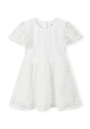 Girls white flare sleeve dress with lace detail, front view.
