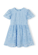 Girls dress with flared sleeves and circle skirt in blue lace, front view.