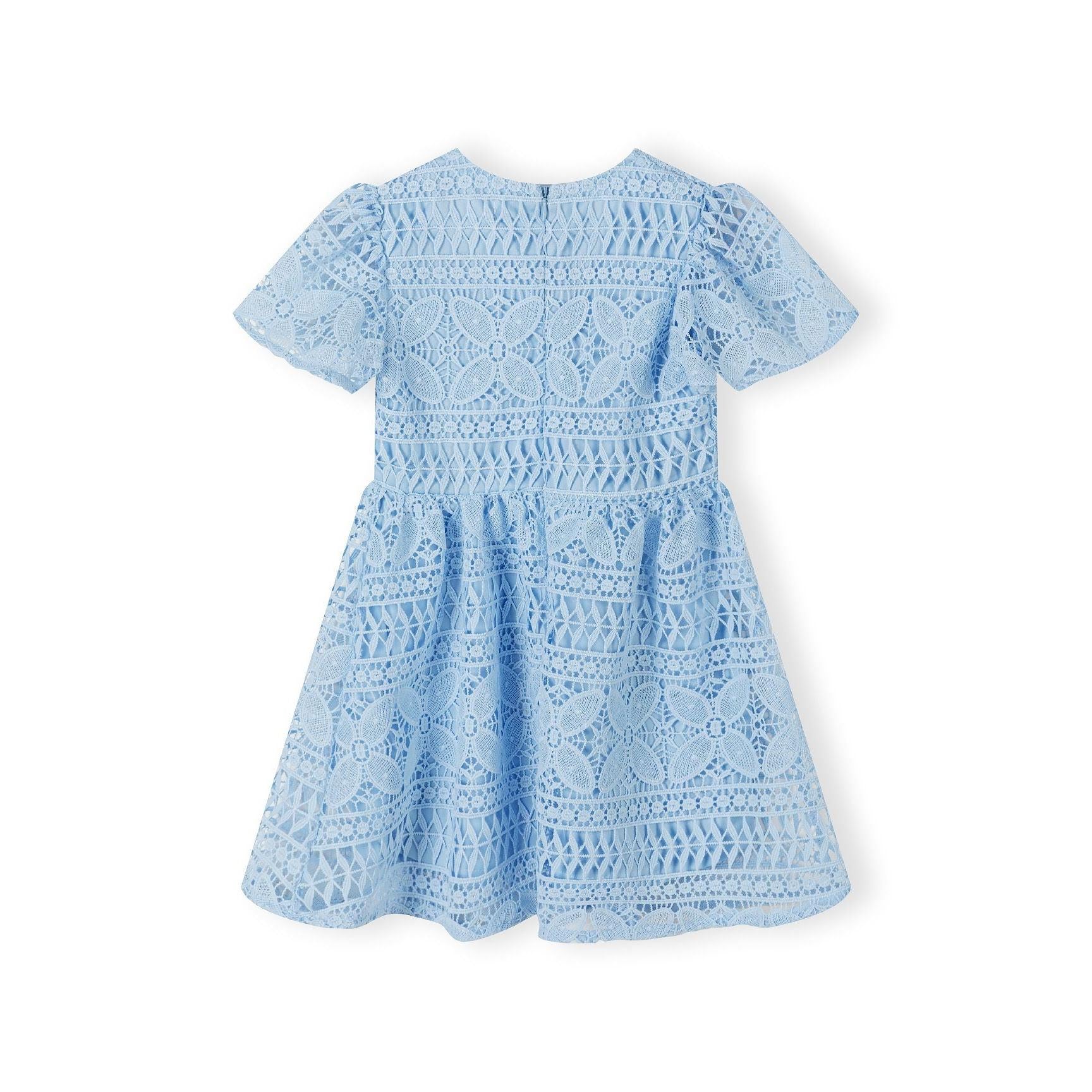 Back view of powder blue lace dress showing detailed geometric lace pattern, flared sleeves and full skirt silhouette on white background