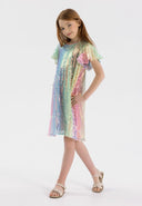 Girls dress with multicoloured sequins, flared sleeves, front view.