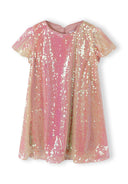 Girls dress in soft pink with flutter sleeves and sequin detail, front view.