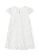 Girls short sleeve lace dress, white, back view with sheer sleeves and intricate lace patterns.