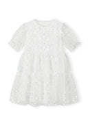 Girls short sleeve white dress with sequin flower details, front view.