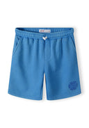 Boys blue shorts with elasticated waistband and side pockets, front view.