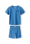 Boys blue short sleeve t-shirt and shorts set, featuring a round neckline and elasticated waistband.