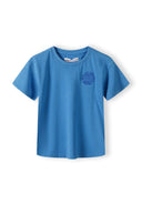Boys blue short sleeve t-shirt with round neckline and printed design on the chest.