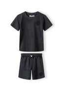 Boys grey short sleeve t-shirt and shorts set, features printed detail and elasticated waistband.