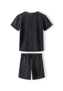 Boys short sleeve t-shirt and shorts set in grey, back view, featuring elasticated waistband and pockets.