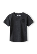 Boys short sleeve t-shirt in grey with printed detail, front view.