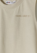 Detail of a boys' sleeveless vest in light grey with 'THINK ABOUT IT!' embroidery.