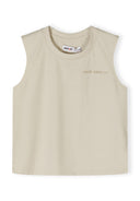 Boys sleeveless vest in light grey with small print on chest, front view.