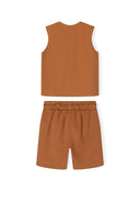 Boys vest and shorts set in beige, back view, featuring a round neckline and elasticated waistband.