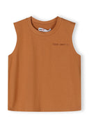Boys sleeveless vest in beige with round neckline and small print detail.