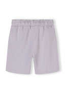 Detail of lilac shorts with elasticated waistband and drawstrings.