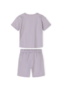 Boys lilac short sleeve t-shirt and shorts set, back view, features elastic waistband.