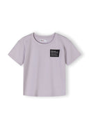 Boys lilac short sleeve t-shirt with round neckline and chest patch, front view.
