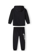 Boys black fleece hoodie and joggers set, back view, features hood and side pockets.