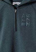 Detail of boys half zip hoodie in blue with print and zip closure.