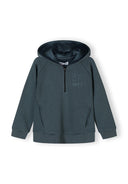 Boys half zip hoodie in blue with print detail, front view.