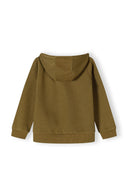 Boys brown hoodie, back view, features a hood and elasticated hem.