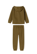 Boys brown hoodie and joggers set, back view, features hood and elasticated cuffs.