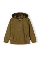 Boys brown hoodie with half zip and side pockets, front view.