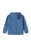 Back view of a blue boys fleece hoodie with a hood and elasticated hem.