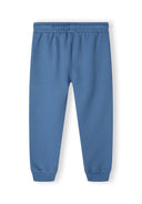 Boys joggers in blue with elasticated waistband and ankle cuffs, front view.