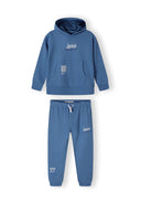 Boys blue fleece hoodie and joggers set, front view, features hood and kangaroo pocket.