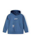 Boys blue fleece hoodie with hood and kangaroo pocket, front view.