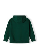 Boys green fleece hoodie, back view, features a hood and elasticated hem.