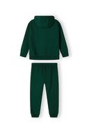 Boys green fleece hoodie and joggers set, back view, features a hood and elasticated cuffs.