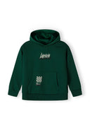 Boys green fleece hoodie with kangaroo pocket and printed accents, front view.