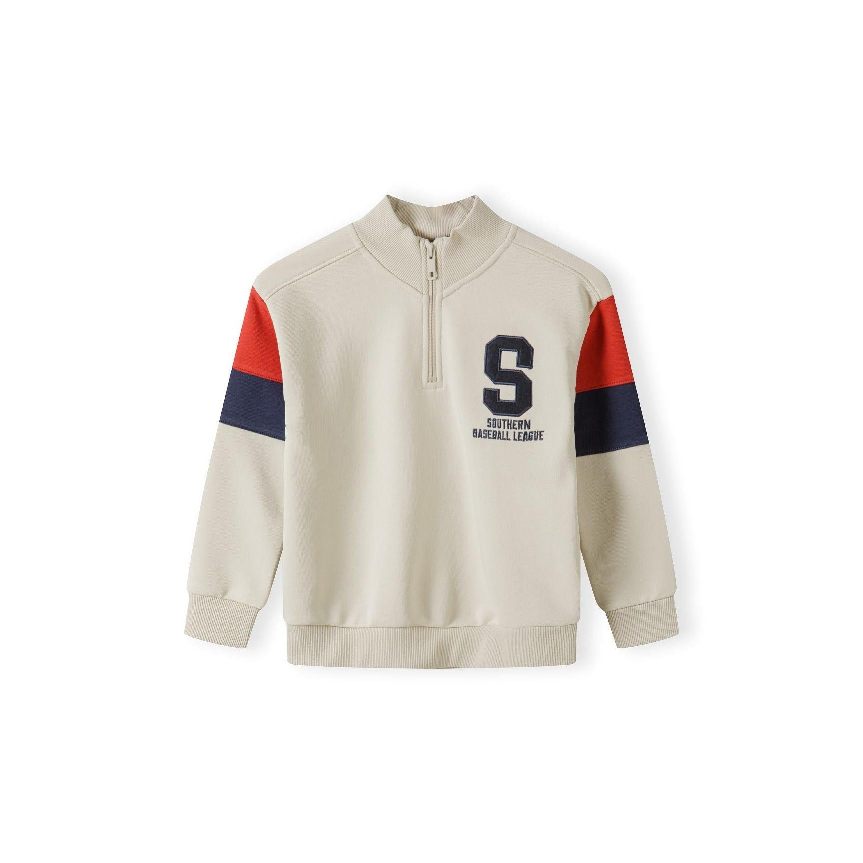 Back view of cream sweatshirt showing Southern Teams Baseball text with team names Alabama, Texas, Florida, Virginia, Georgia, Kentucky, laid flat on white background