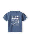 Boys short sleeve t-shirt in tennis blue with large back print and small chest print, back view.