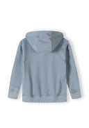 Back view of a boys oversized blue hoodie with a hood and ribbed cuffs.