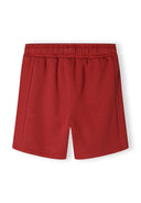 Boys red fleece shorts, back view with ribbed side panels and elastic waistband.
