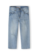 Boys light blue ripped straight leg jeans, front view with pockets.
