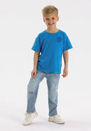 Boys light blue ripped straight leg jeans, front view with pockets.