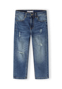 Boys navy ripped straight leg jeans, front view with pockets.