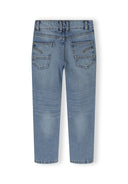 Boys baggy jeans, light blue, back view with elasticated waistband and pockets.