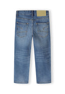 Boys navy denim jeans, back view, featuring straight leg cut and two back pockets.