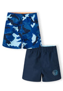 Boys beach swim shorts 2 pack, one with camo print, elasticated waistband, front view.