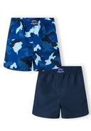 Boys beach swim shorts 2 pack, one with camouflage print, elasticated waistband, front view.