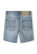 Boys denim shorts, back view, featuring two back pockets and a light washed effect.