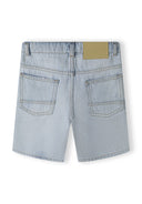 Boys light blue denim shorts, back view with two pockets.
