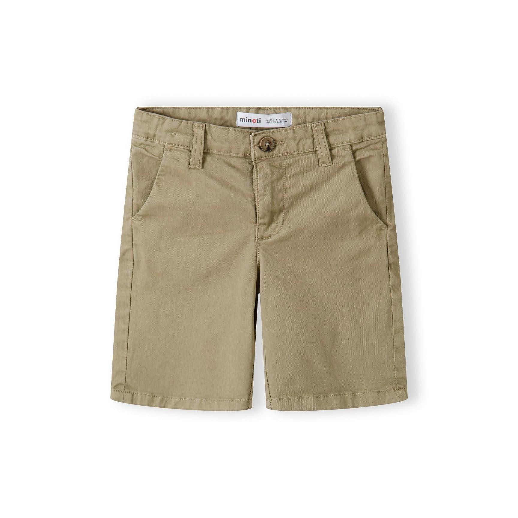 Back view of beige chino shorts showing classic tailored cut with belt loops and back pockets on white background