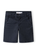 Boys navy woven chino shorts, front view, featuring belt loops and side pockets.