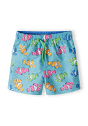 Boys board shorts in turquoise with a colorful fish print, front view, featuring an adjustable waistband.